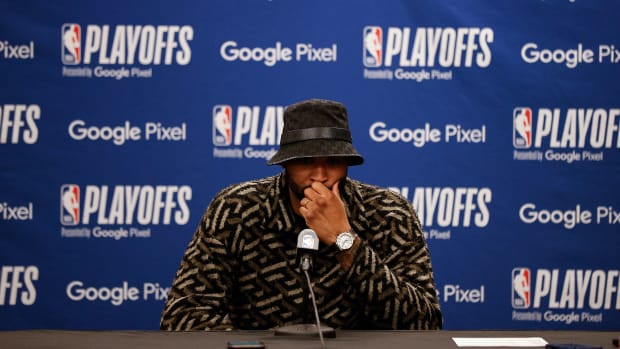 Denver Nuggets center DeMarcus Cousins (4) is interviewed after game three of the first round for the 2022 NBA playoffs against the Golden State Warriors at Ball Arena.